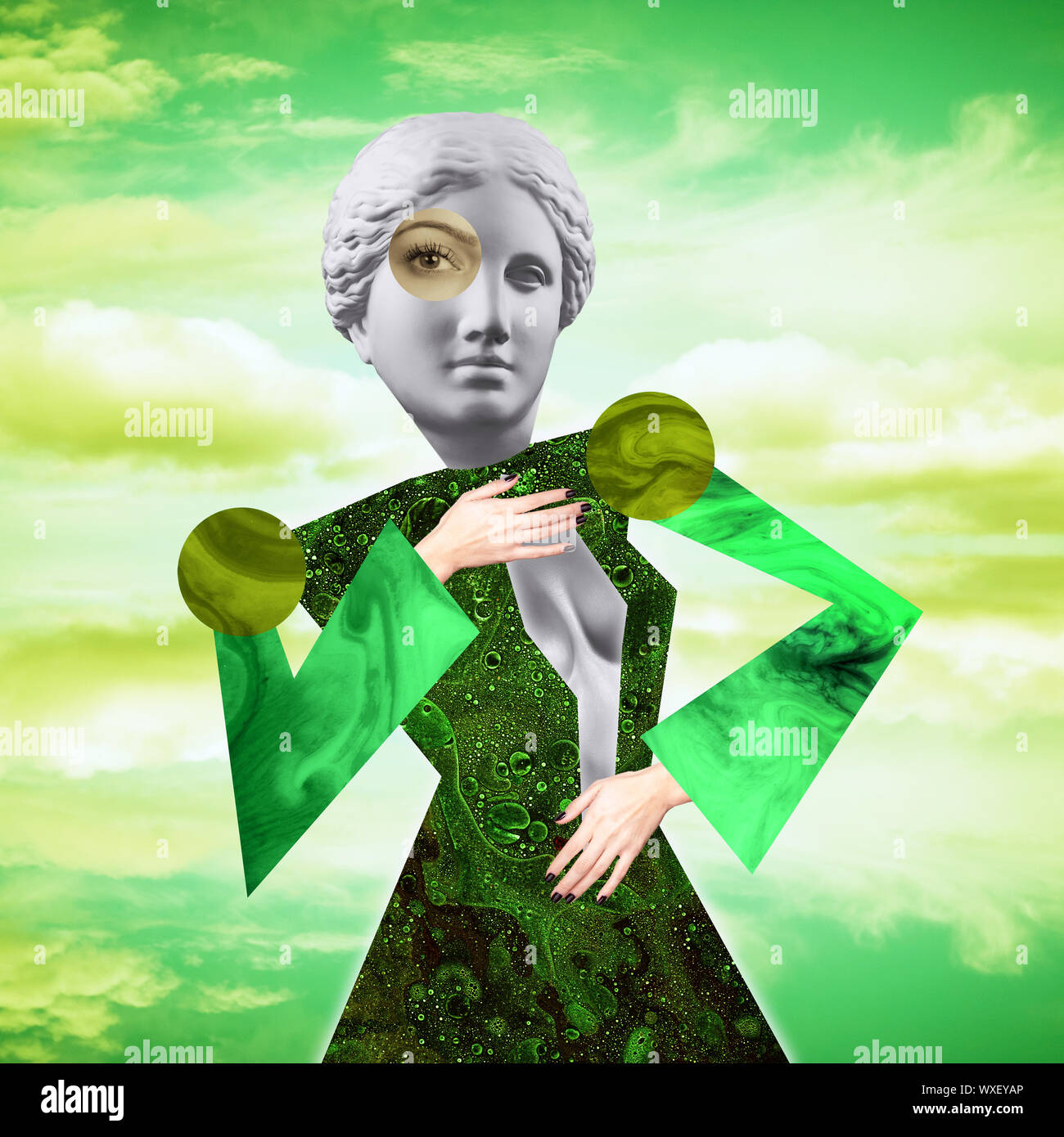 Moderne konzeptuelle Kunst Poster mit einem lustigen Puppe in einem massurrealism Stil. Zeitgenössische Kunst Collage. Stockfoto