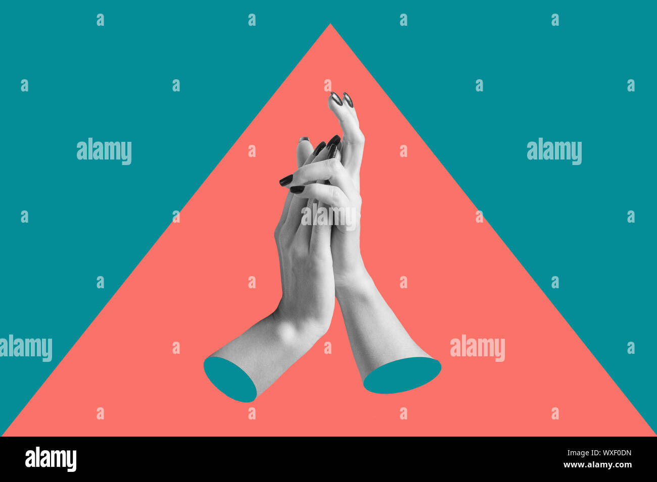 Moderne Konzeptkunst Plakat mit der Hände in einer massurrealism Stil. Zeitgenössische Kunst Collage. Stockfoto