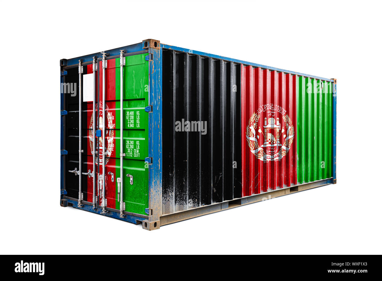 Das Konzept von Afghanistan Export - Import, Container Transport und die Lieferung von Waren. Der Transport der Container mit der Nationalflagge von Stockfoto
