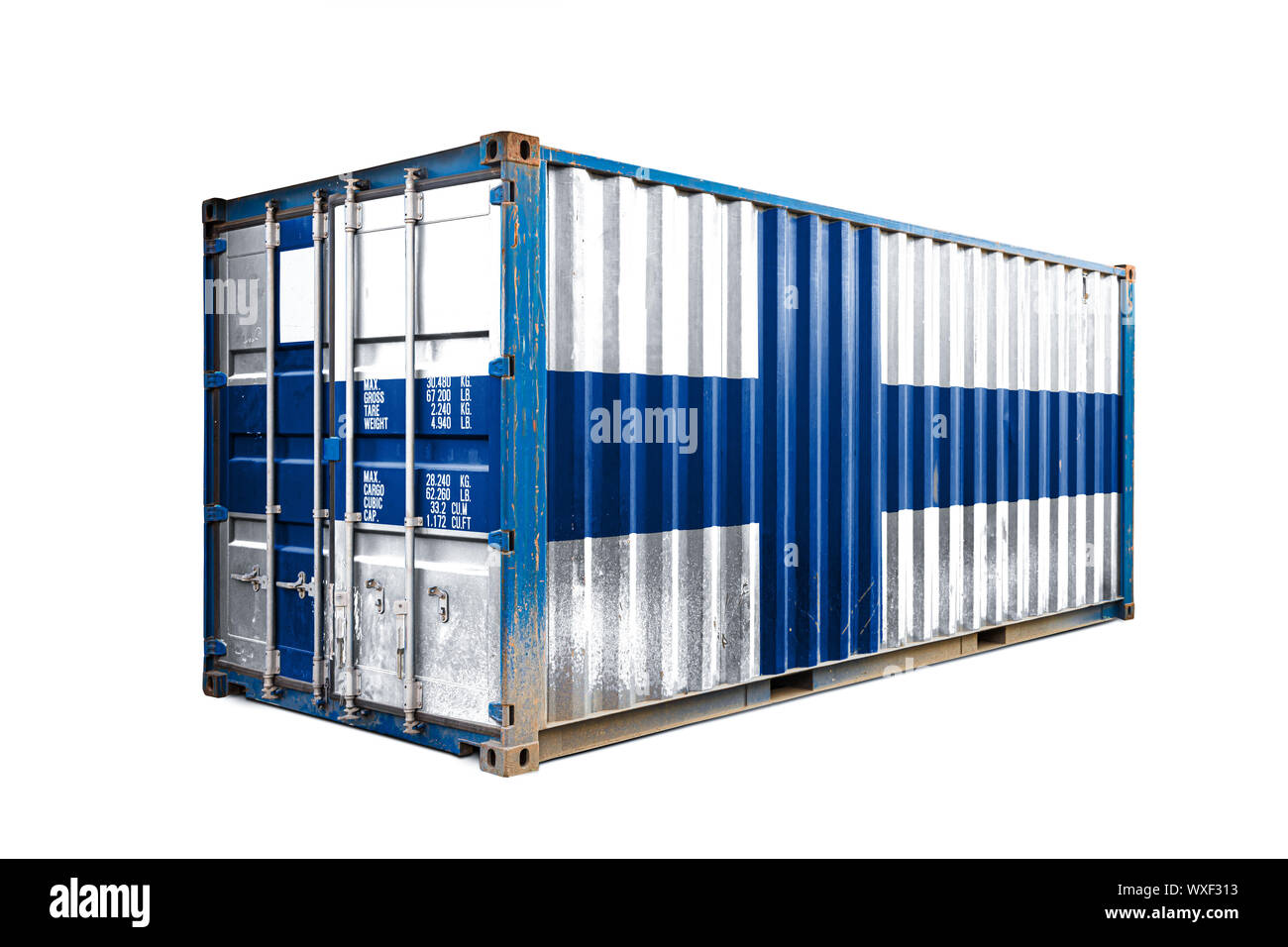 Das Konzept der Finnland Export - Import, Container Transport und die Lieferung von Waren. Der Transport der Container mit der Nationalflagge von Fin Stockfoto