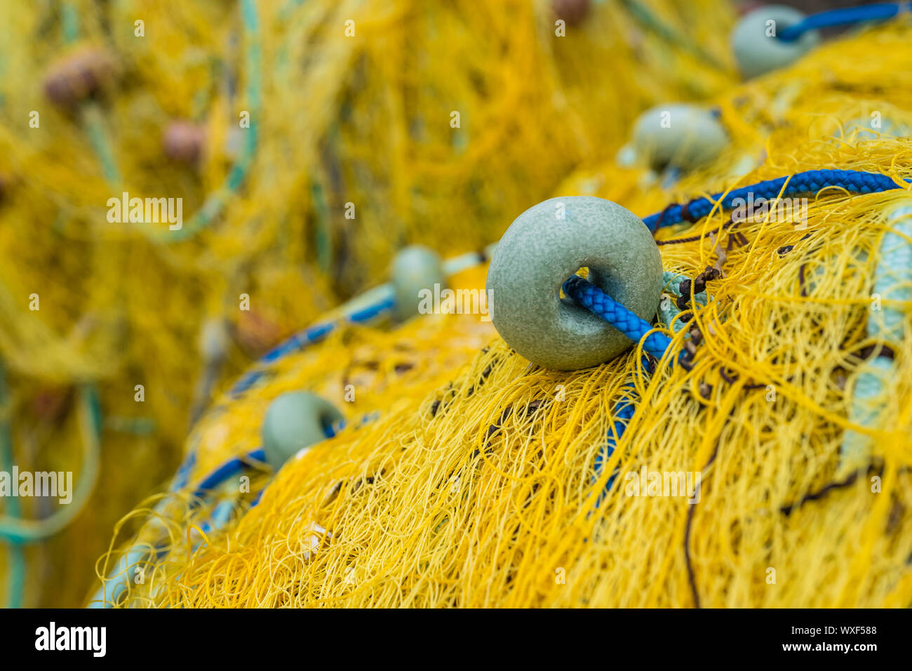 Nahaufnahme von einem gelben Fischernetze Stockfoto