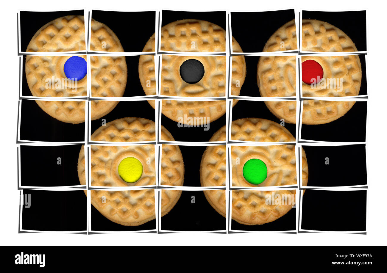 Cookies collage Zusammensetzung aus mehreren Bildern über weiß Stockfoto