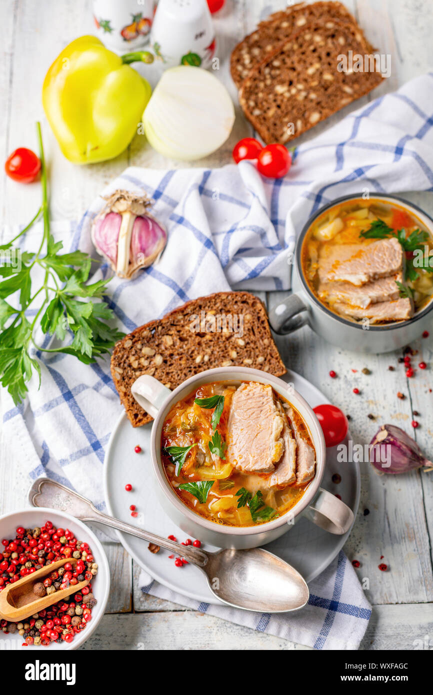 Fleisch, Suppe mit frischem Kohl und Gemüse. Stockfoto