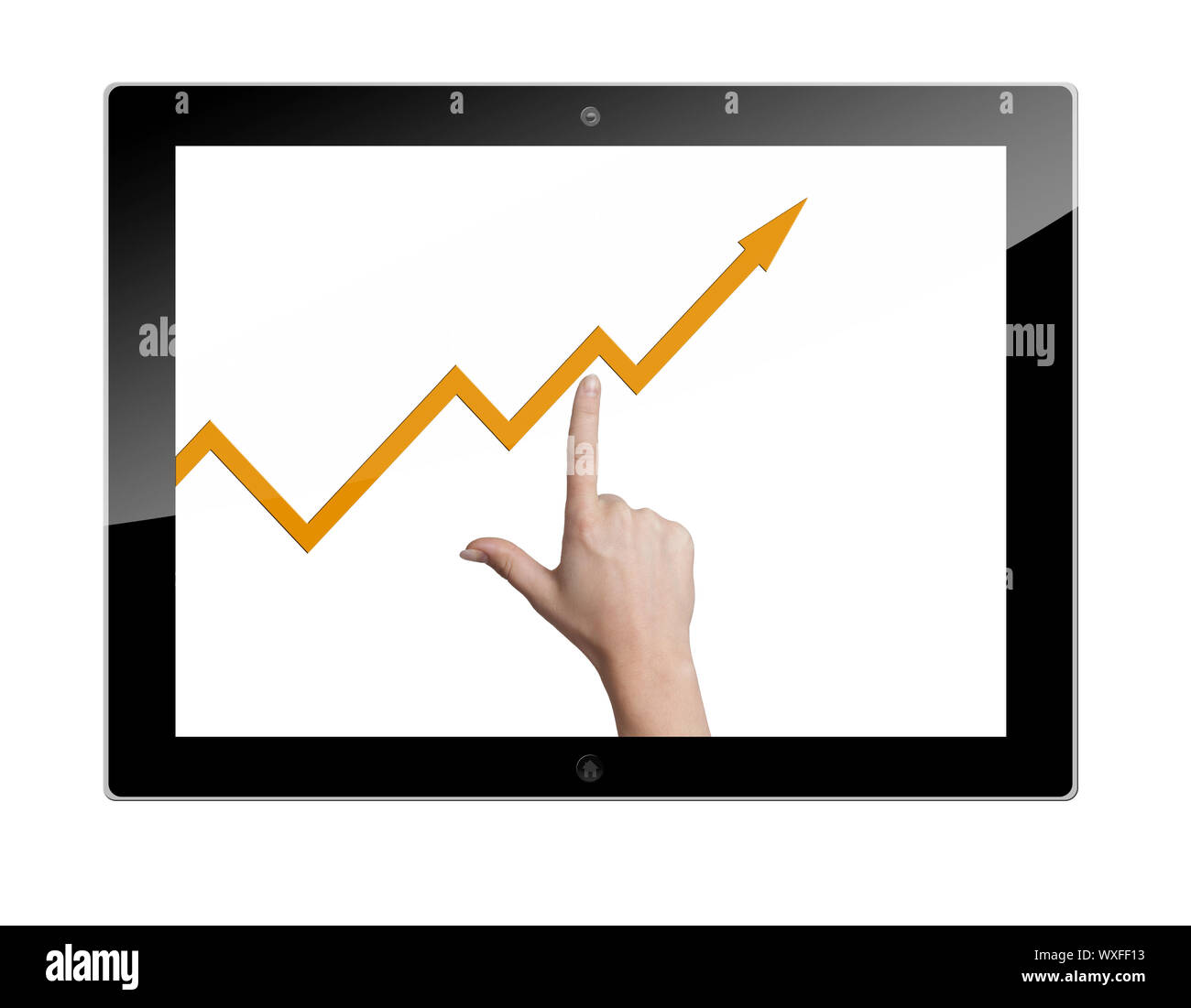 Tablet-PC mit einem Finger zeigen in einem Diagramm Pfeil Stockfoto