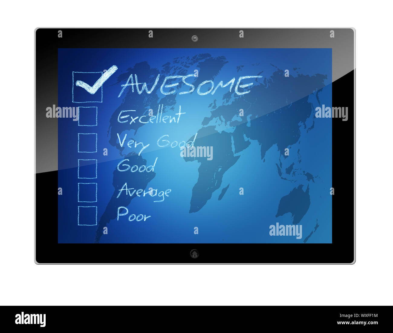 Tablet-PC mit Bewertung - Beurteilung checkbox Konzept auf blauem Hintergrund mit Weltkarte Stockfoto