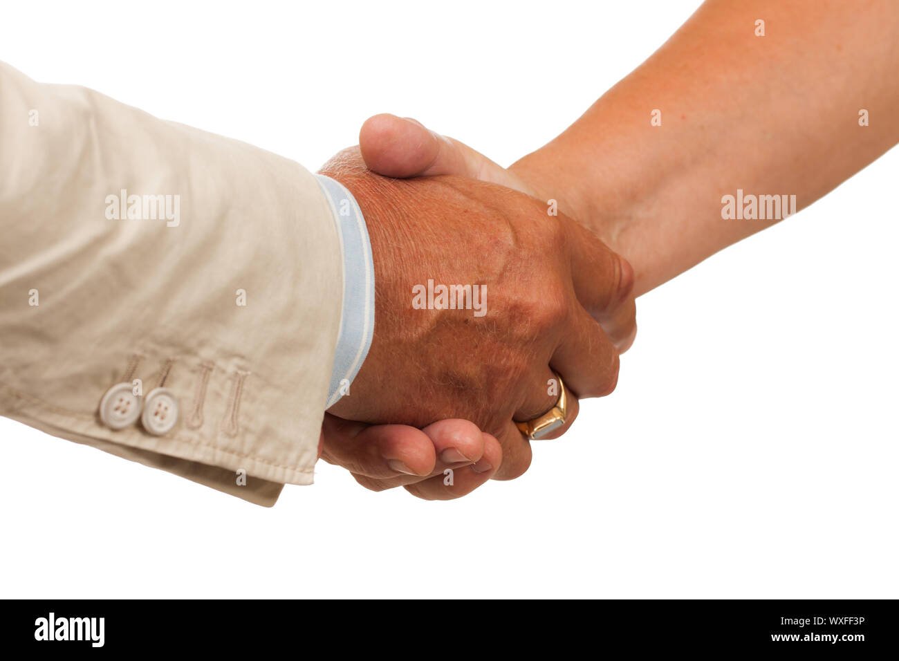 Eine Hand zwischen einem Mann und einer Frau. Auf weiß isoliert. Stockfoto