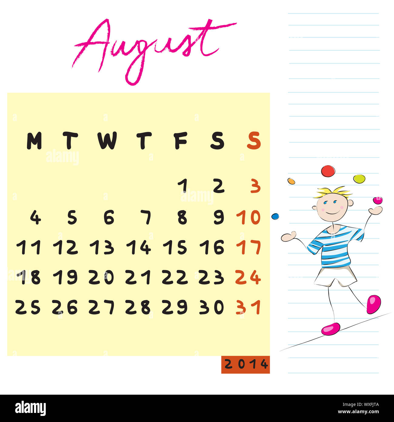 August 2014 Kalender Illustration, Hand gezeichnet Design mit Kind, die Gefahrliebender student Profil für internationale Schulen Stockfoto