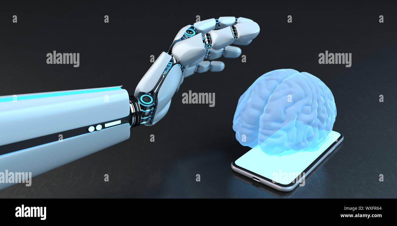 Humanoide Roboter Hand Smarthone menschlichen Gehirn Stockfoto