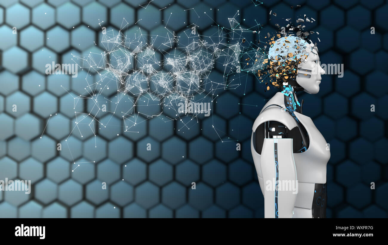 Humanoide Roboter geknickten Kopf Gehirn Stockfoto