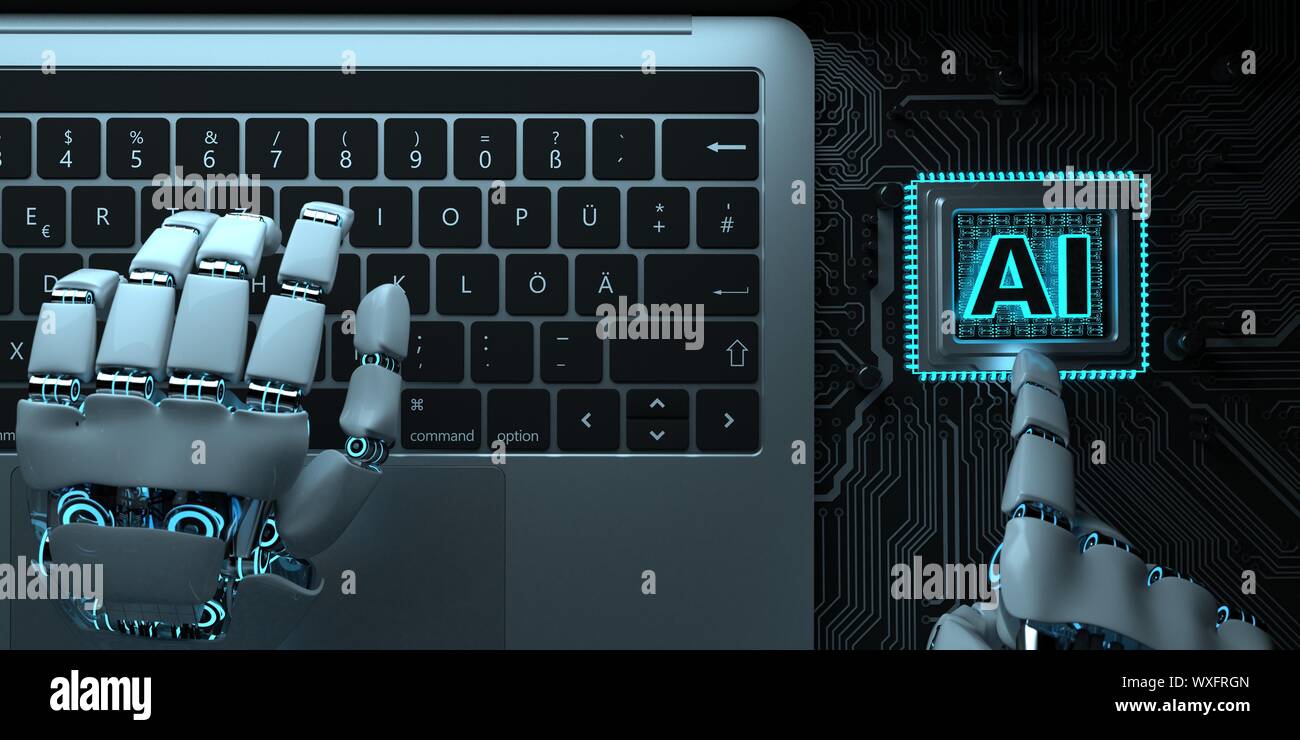 Roboter Hände Notebook AI Prozessor Stockfoto
