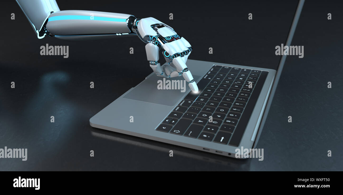 Humanoide Roboter Hand Notebook klicken Sie auf Stockfoto