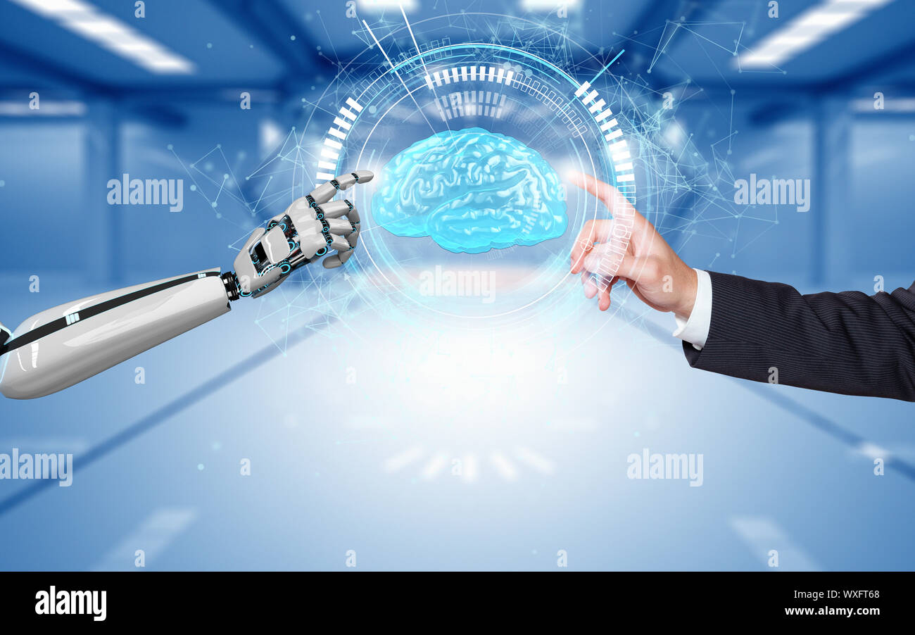Geschäftsmann Roboterhände Gehirn Hologramm HUD Netzwerk Stockfoto