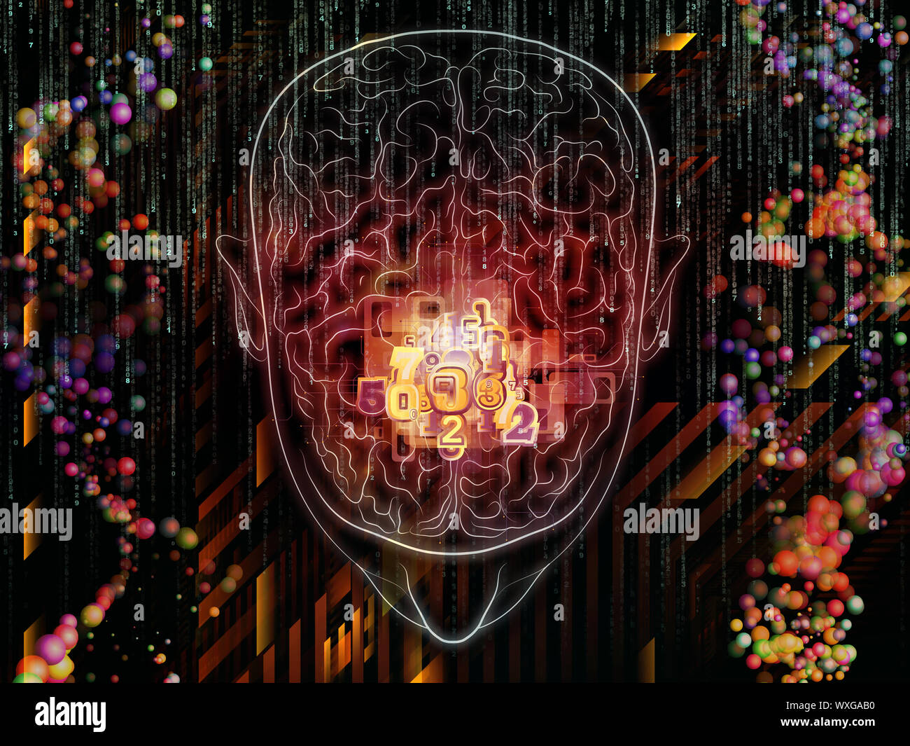 Hintergrund Gestaltung von Linien des menschlichen Kopfes, fraktale Netze und Technik ähnliche Symbole, die auf das Thema der künstlichen Intelligenz, Wissenschaft, Bildung ein Stockfoto