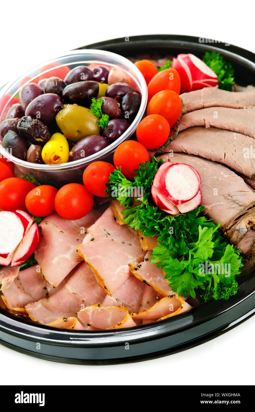 Isolierten Platte mit sortierten Aufschnitt Fleischscheiben Stockfoto
