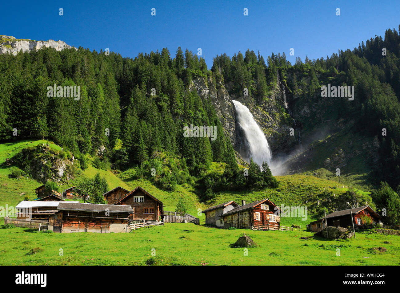 Staeubifal (100 m). Alp Aesch, Uri, Schweiz. Stockfoto