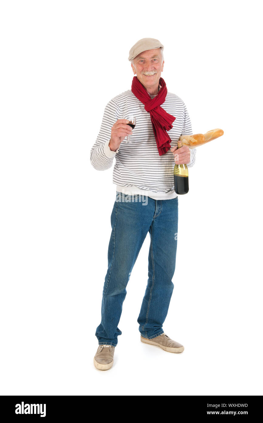 Typisch französischer Mann mit Brot und Wein isoliert auf weißem Hintergrund Stockfoto