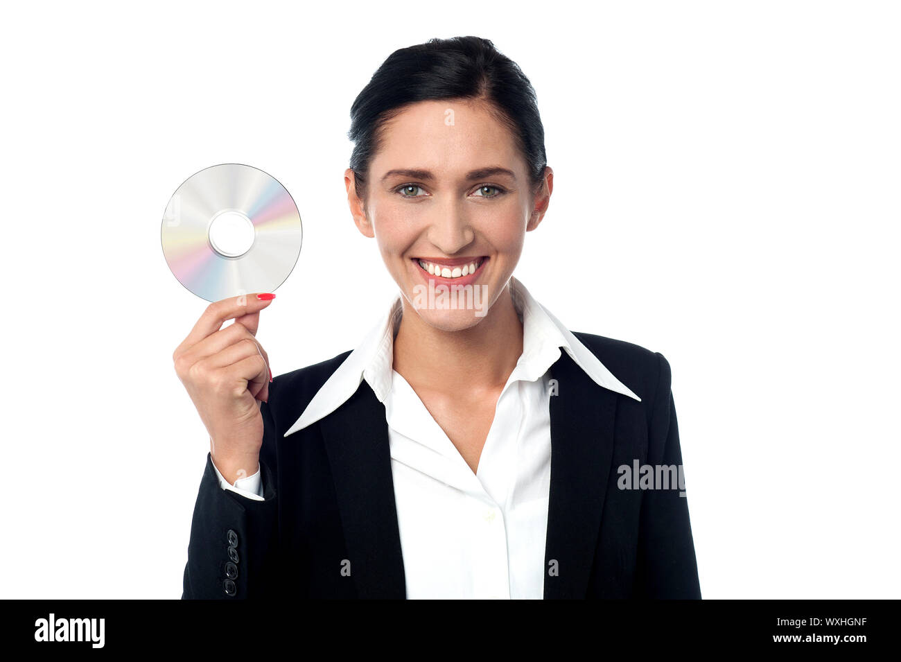 Dame im Business-Anzug, die Daten dvd Stockfoto