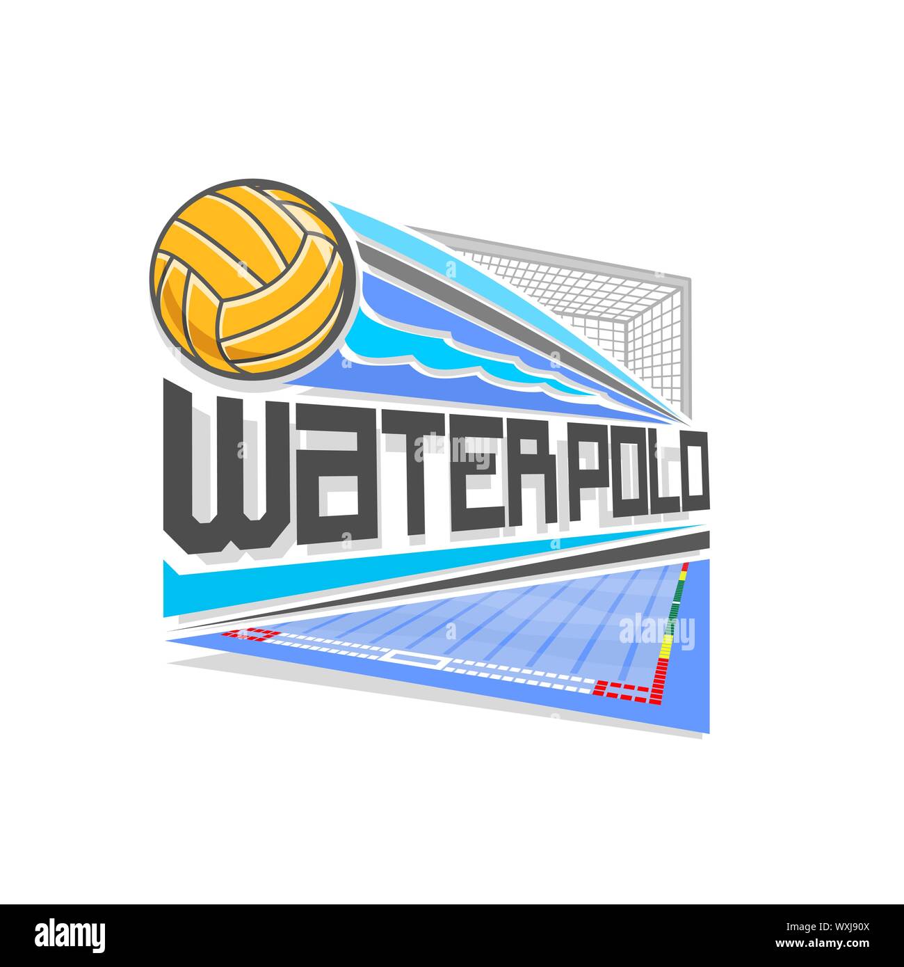 Vektor logo für Wasserball Spiel: geworfen gelb Wasserball Ball auf Flugbahn im Tor Tor mit Netz fliegen. Stock Vektor