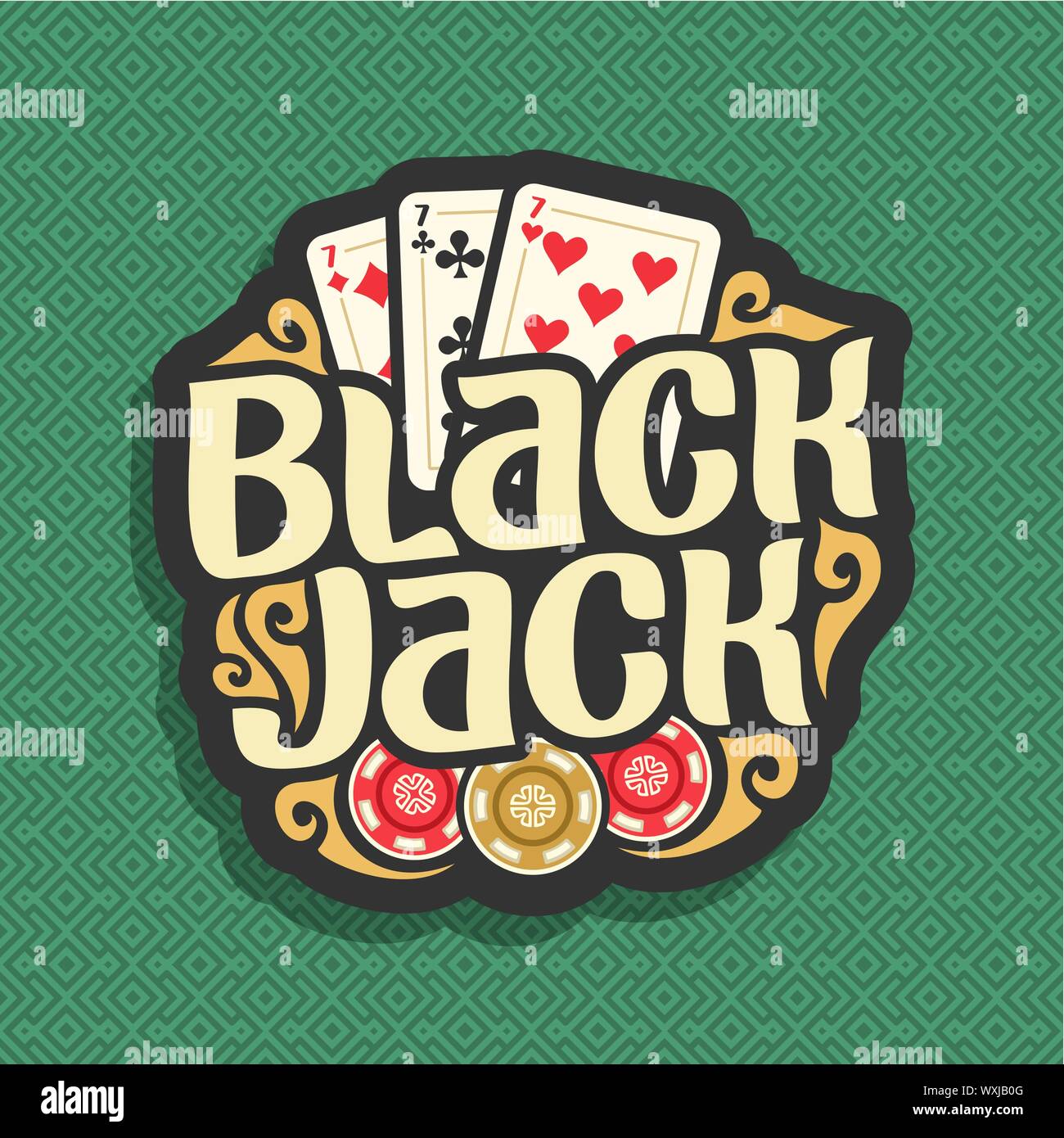 Vektor logo für Black Jack: Karten der Kombination drei 7 und Casino Chips auf Grün nahtlose Muster. Stock Vektor