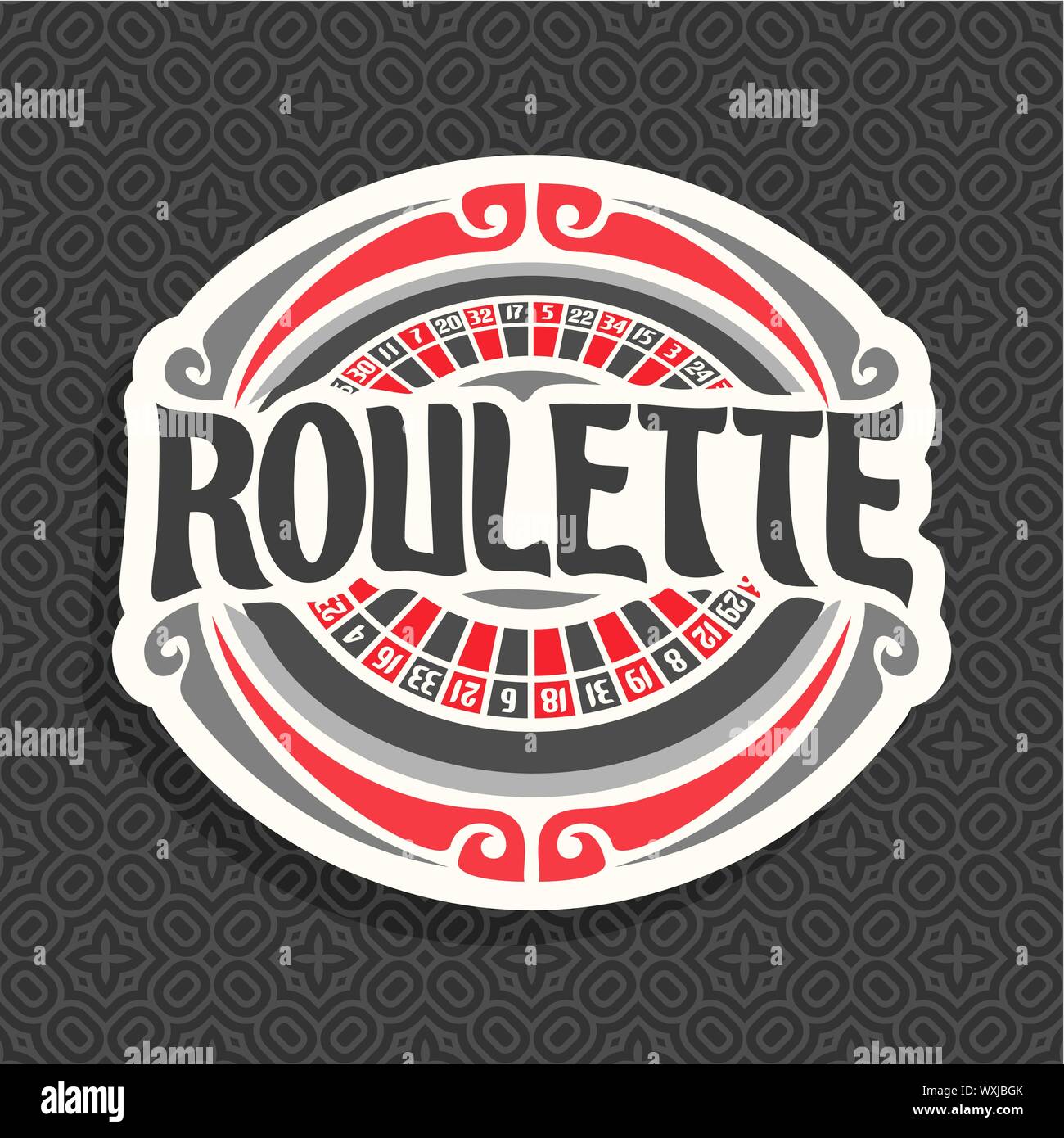 Vektor logo für Roulette spielen: Spielen mit roten und schwarzen Zahlen, vintage Font für Wort Roulette auf Grau nahtlose Muster. Stock Vektor