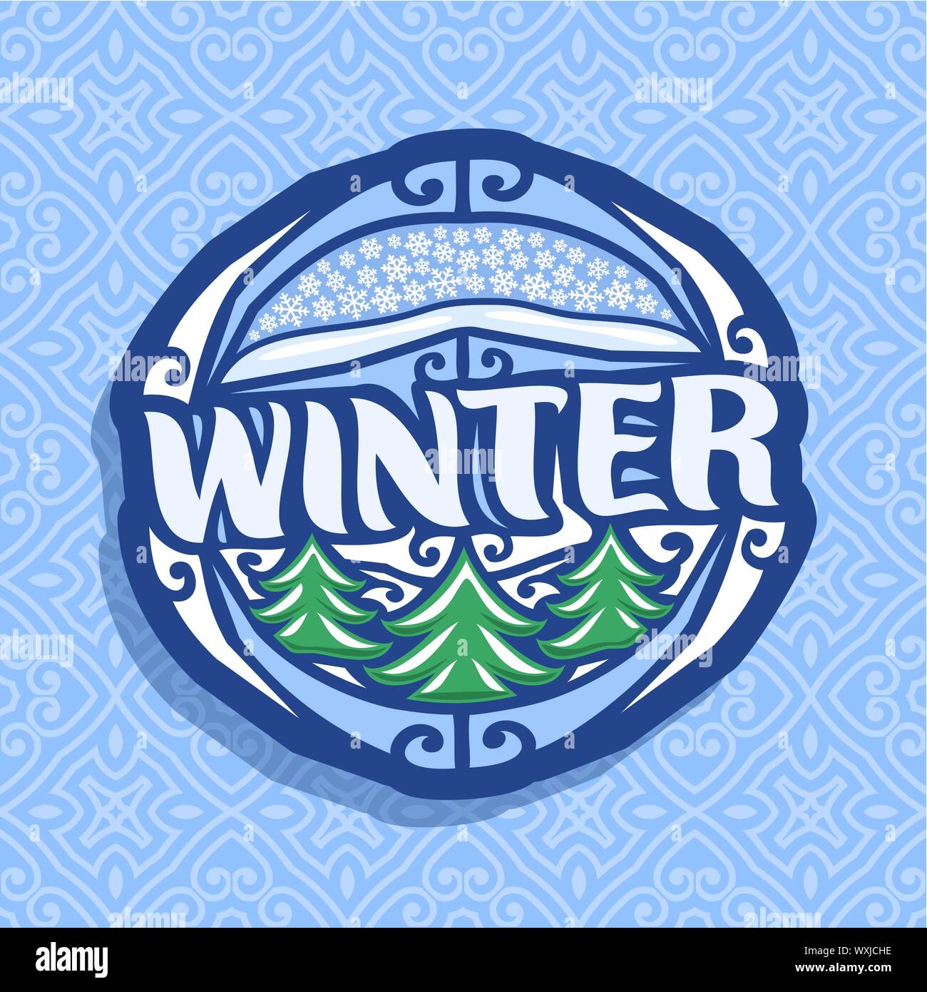 Vektor Logo für die Wintersaison: Blau oval Symbol mit fallenden Schneeflocken auf abstrakten Hintergrund, Schrift - Winter, Schild mit 3 Weihnachtsbäume im Schnee Stock Vektor
