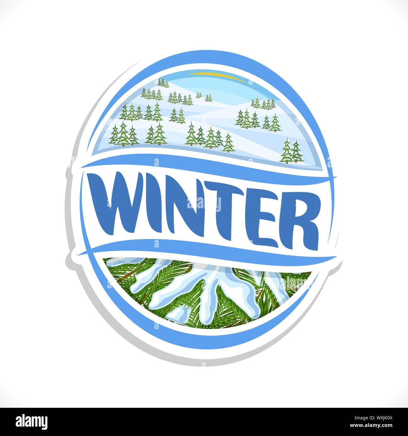 Vektor Logo für die Wintersaison: Snowy alp Berge mit Weihnachtsbäumen, Filiale Fichte im Schnee, oval Symbol für Winter Thema mit Text-Winter für Weihnachten Stock Vektor