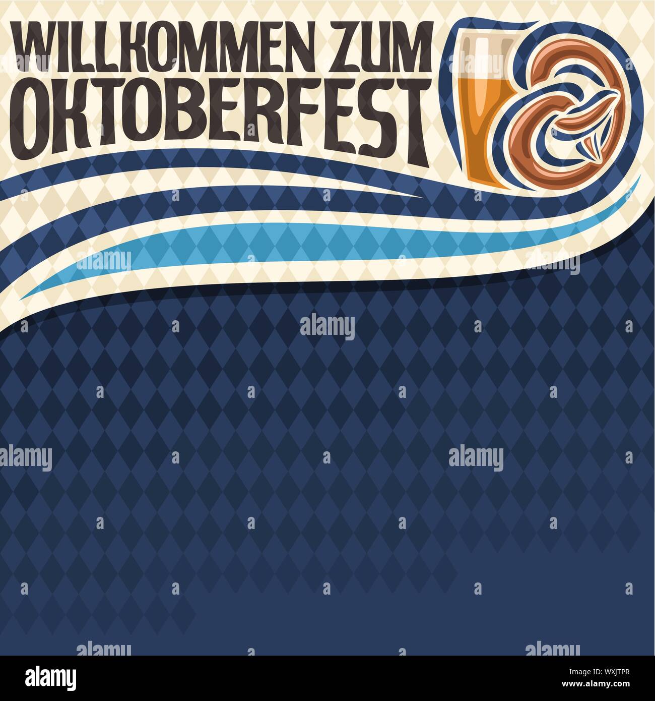 Vektor Plakat für Oktoberfest: Layout für Festival Menü auf Blue Diamond Hintergrund, Schrift - Willkommen zum Oktoberfest, Bier und Bayerische Stock Vektor