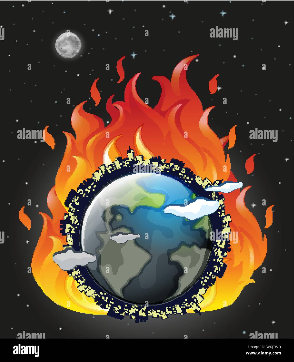 Globale Erwärmung Poster mit Erde auf Feuer illustration Stock Vektor