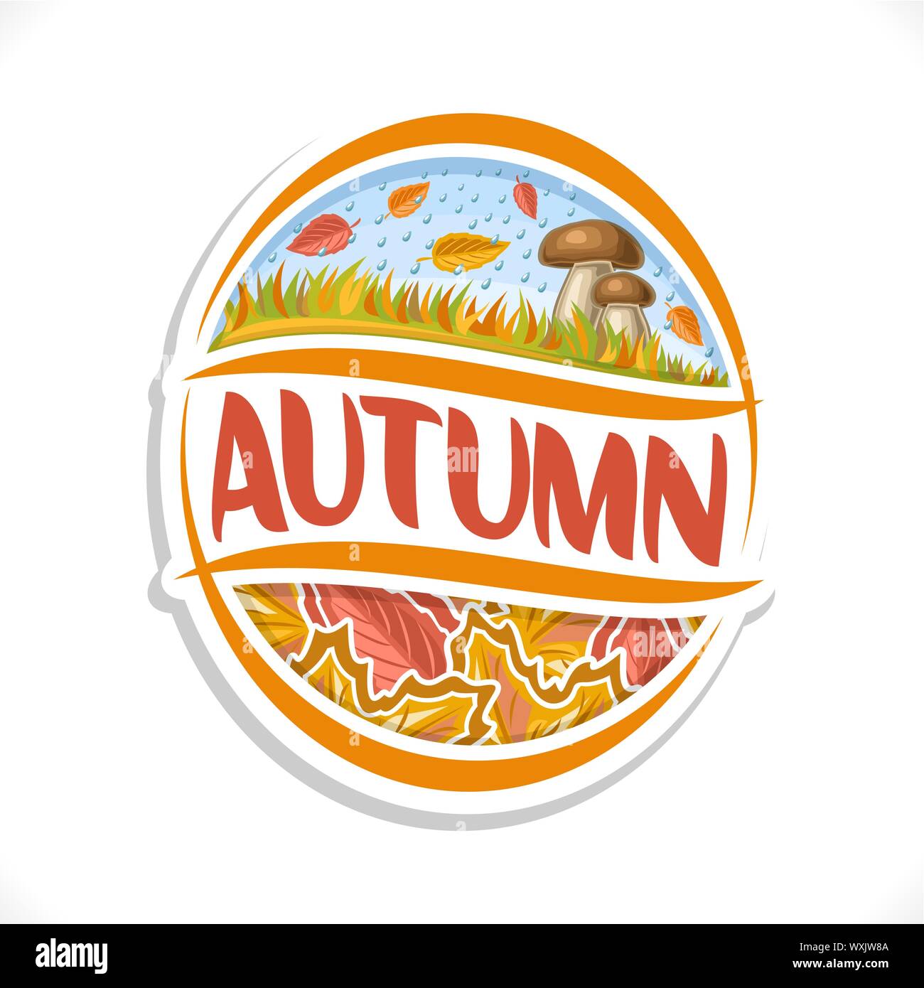 Vektor logo für Herbst: Oktober regnerischen Wetter, Regen und Blätter fallen auf Gras Wiese und 2 cep Pilz. Stock Vektor