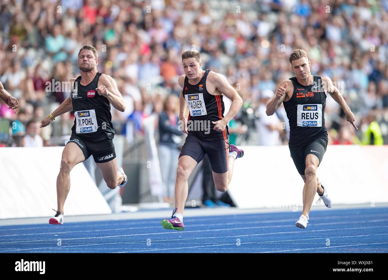 Nach rechts Sieger Michael Pohl (1./Sprintteam Wetzlar), wagner Julian (6.  Platz/LAC Erfurt), Julian REUS (3.Platz/LAC Erfurt) Aktion, die 100 m der  Männer links, 03.08.2019 Deutsche Leichtathletik Meisterschaften 2019, vom  03.08. - 04.08.2019