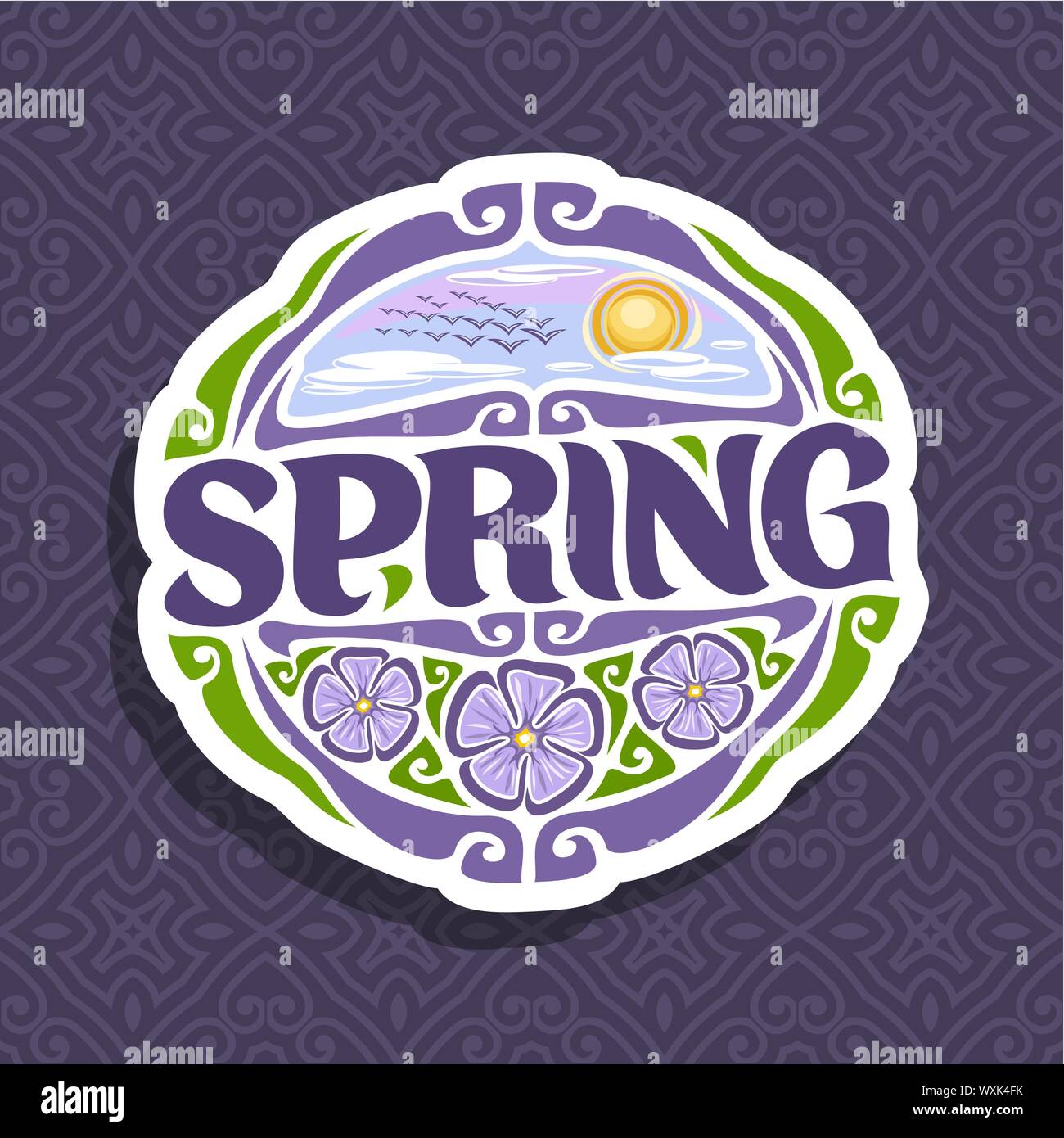 Vektor logo für Frühling Saison: runde Symbol mit bewölkten Morgen Himmel und Schwarm Vögel in der Nähe von Sun auf abstrakten Hintergrund, Schrift-Feder, Zeichen mit sp Stock Vektor