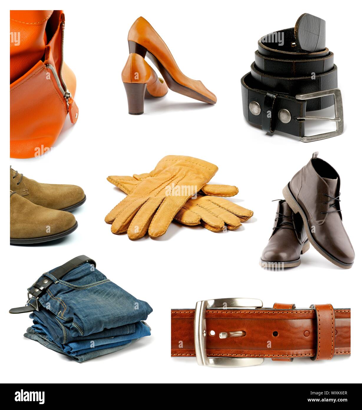 Sammlung Zeitgenössischer männlicher und weiblicher Kleidung, Schuhe und Accessoires isoliert auf weißem Hintergrund Stockfoto