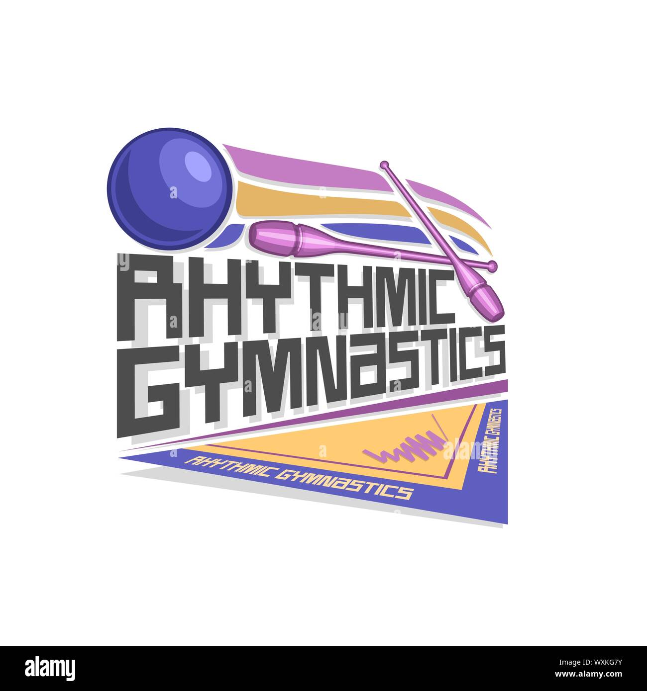 Vektor logo für Rhythmische Gymnastik: blaue Kugel fliegen auf Flugbahn, überquerte lila Sportvereine, Text-rhythmische Gymnastik. Stock Vektor