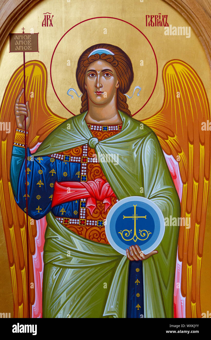 Symbol des Heiligen Erzengels Gabriel. Kloster der Heiligen Dreifaltigkeit in Lomnica. Stockfoto