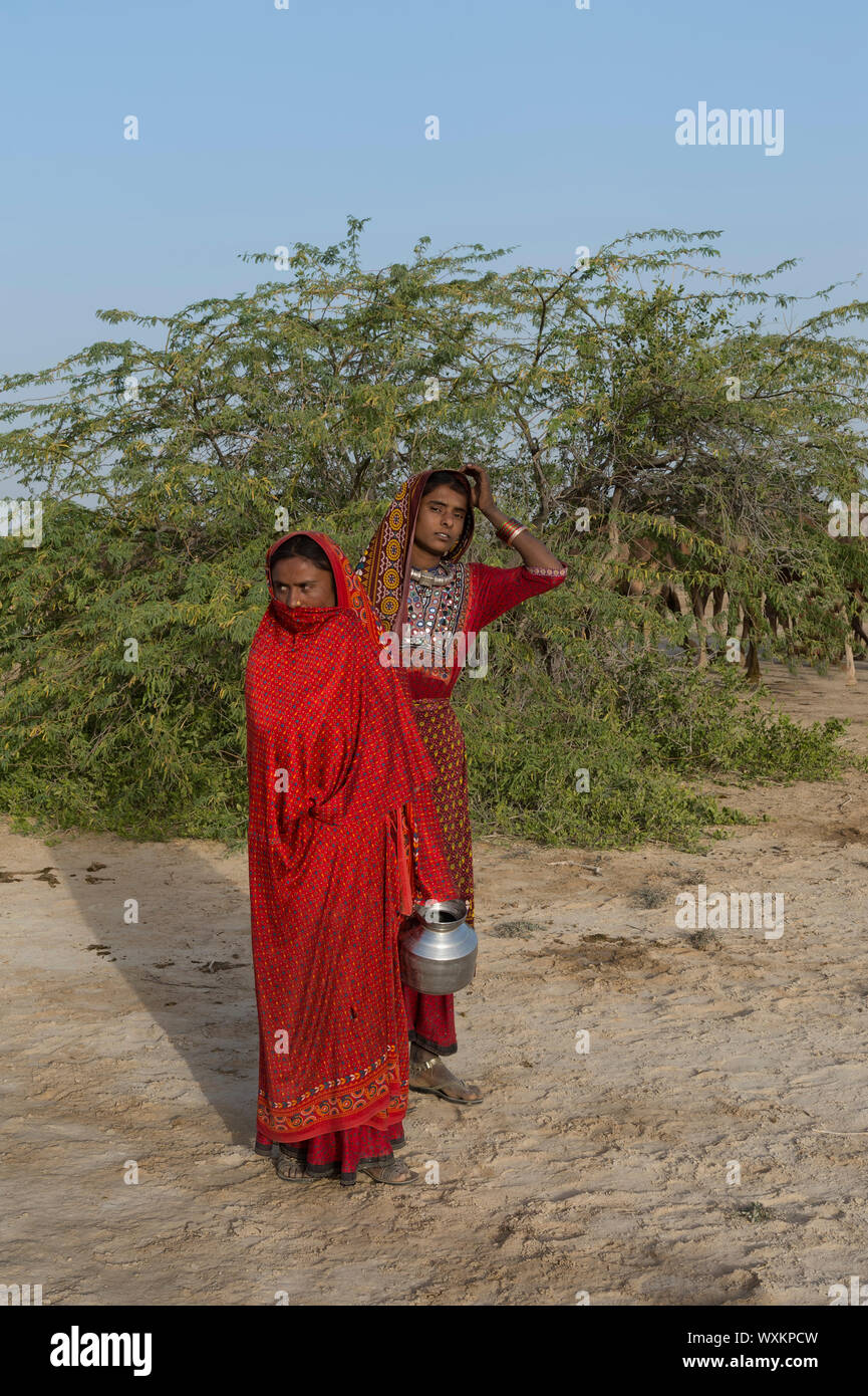 Fakirani Frauen in traditionellen Tuch mit einem Wasserkrug, tolle Rann von Kutch Wüste, Gujarat, Indien. Stockfoto
