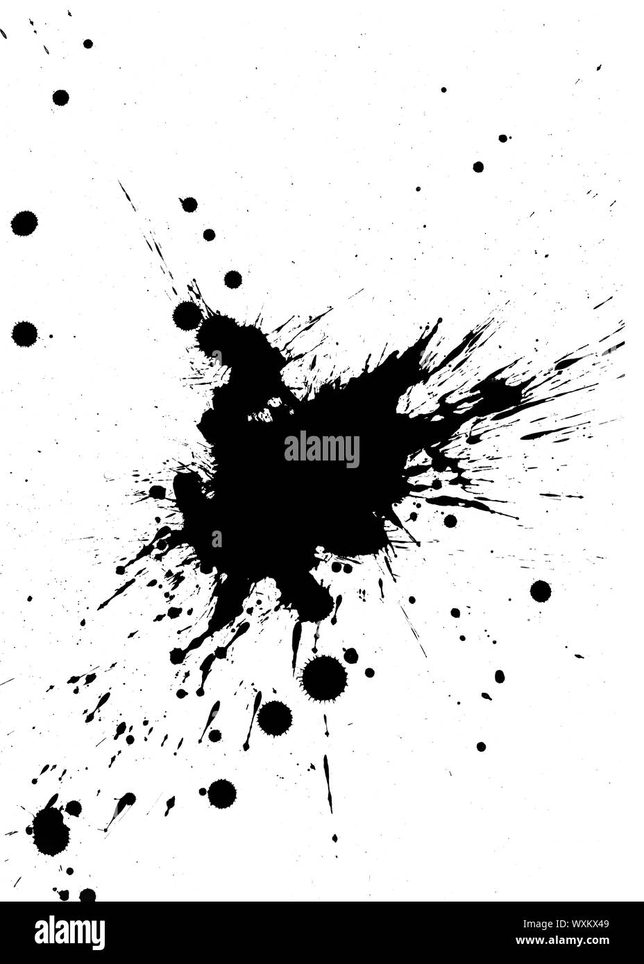 Schwarze Farbspritzer auf weißem Hintergrund Stockfoto
