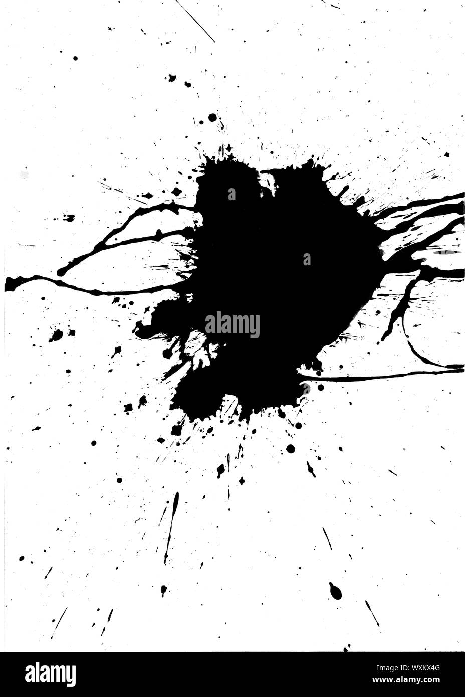 Chaotisch Spritzer schwarzer Farbe auf weißem Hintergrund Stockfoto