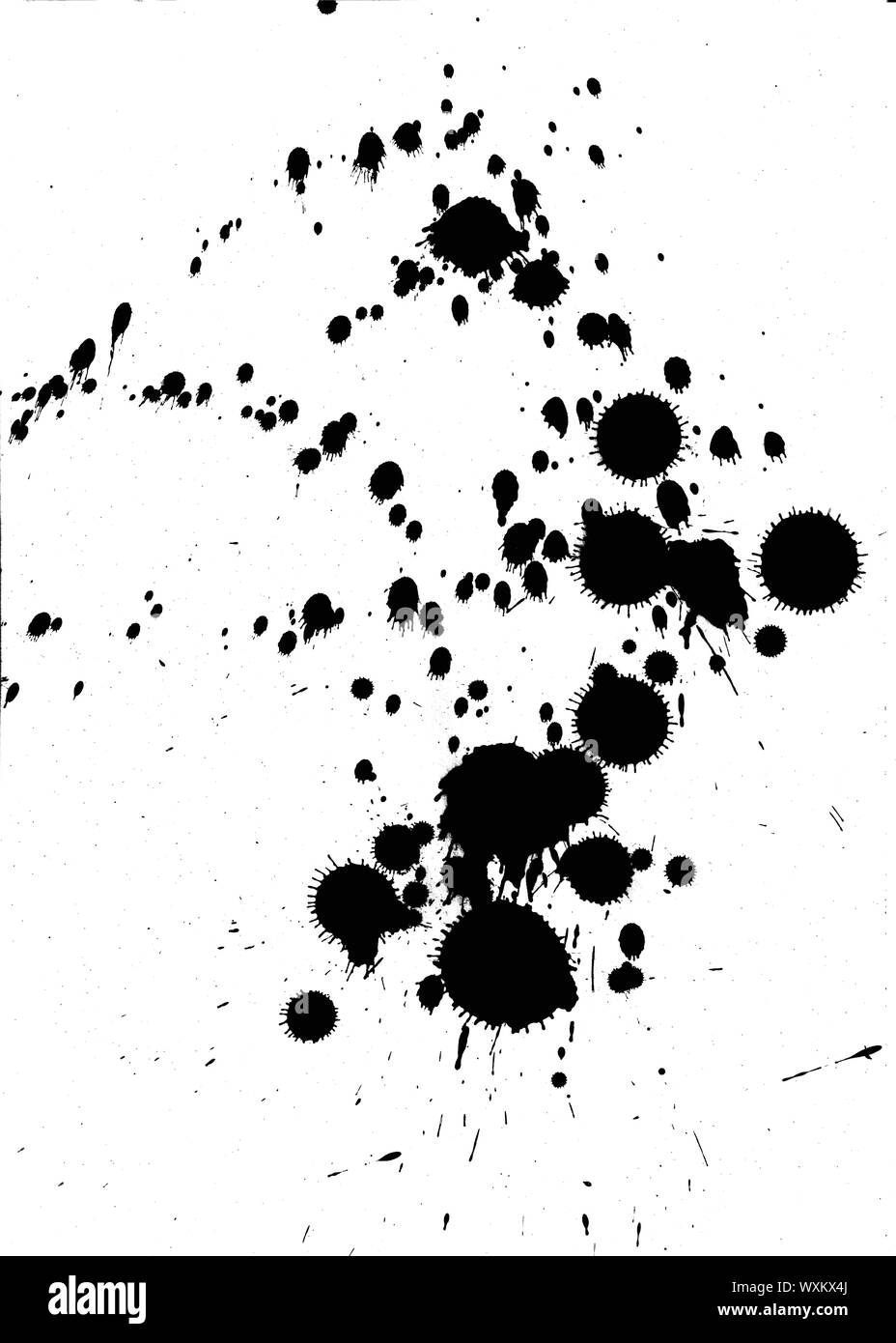 Schwarze Tinte Blobs und Splatter auf weißem Hintergrund Stockfoto