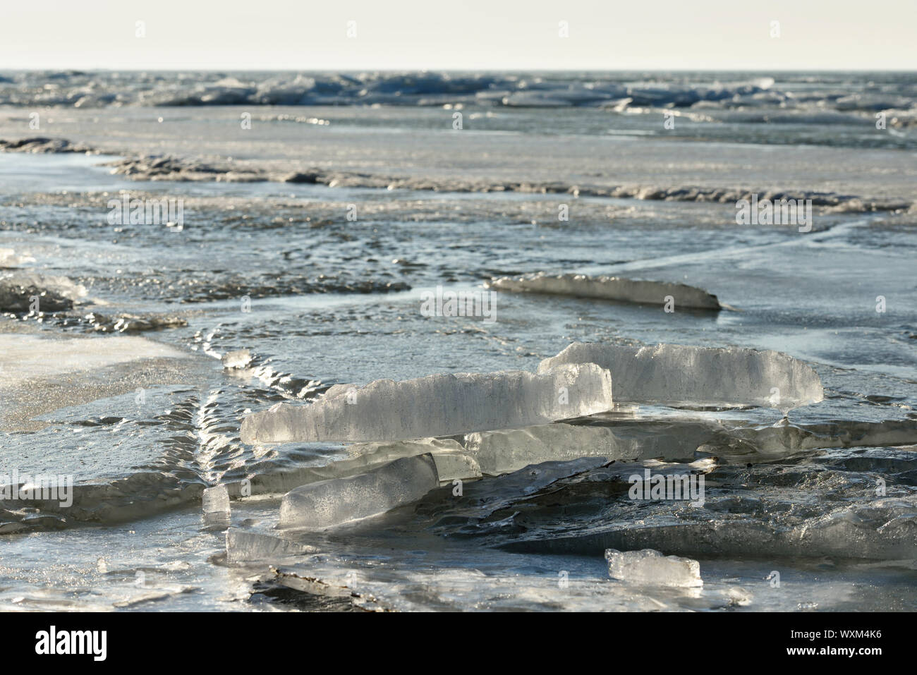 Eis auf der Oberfläche des Kurischen Haffs. Das Kurische Haff von der Ostsee durch die Kurische Nehrung getrennt Stockfoto