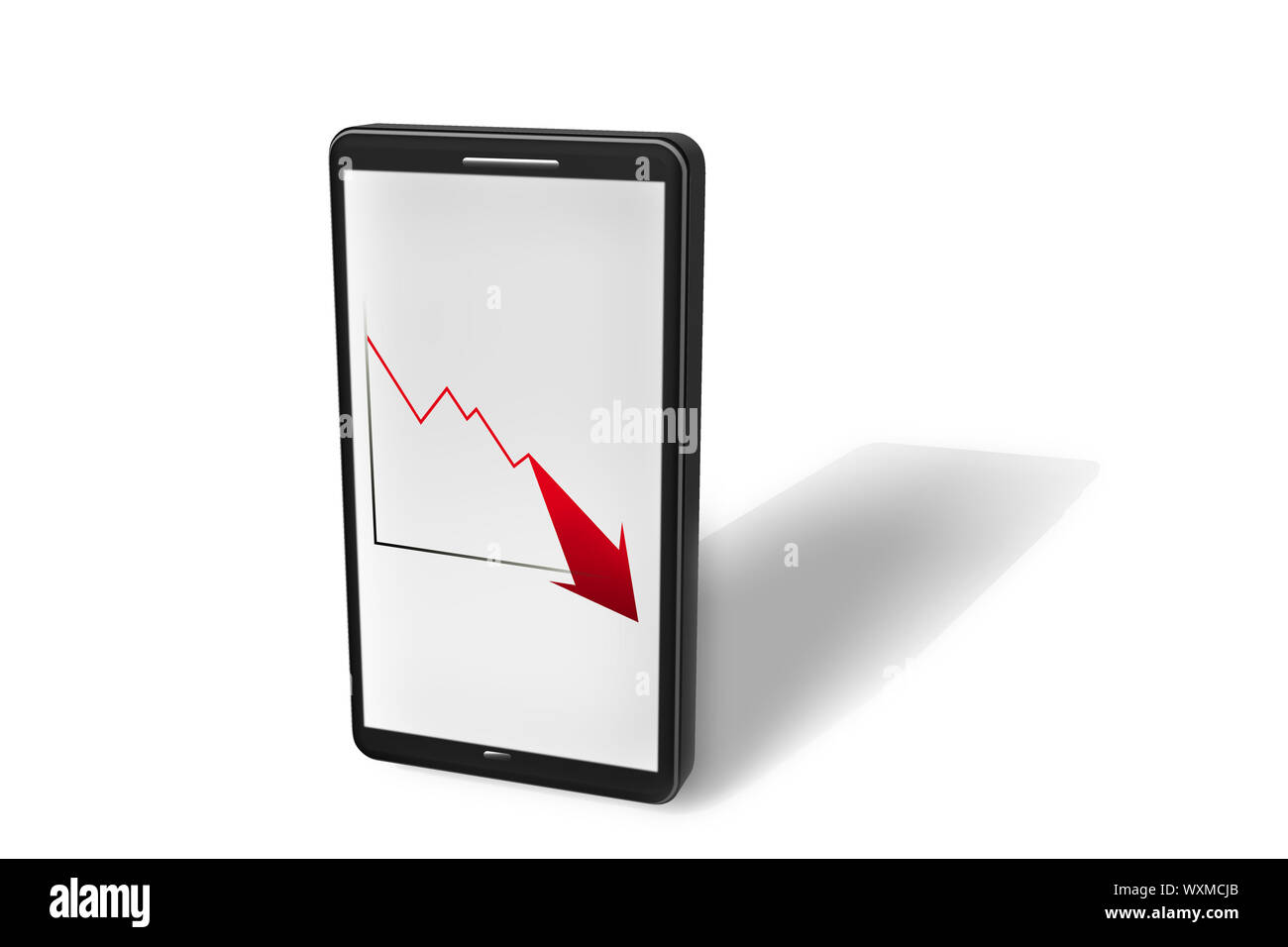 Abbildung: ein Smartphone mit Chart mit nach unten gerichteten Pfeil in der Anzeige als 3D-Rendering Stockfoto