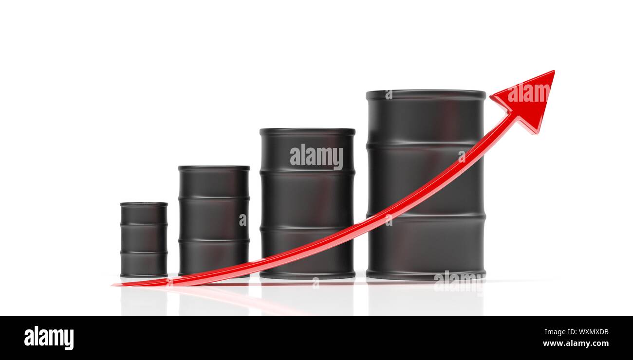 Ölpreisanstieg. Fässern Balkendiagramm, rote Linie gegen weißem Hintergrund, 3D-Darstellung Stockfoto