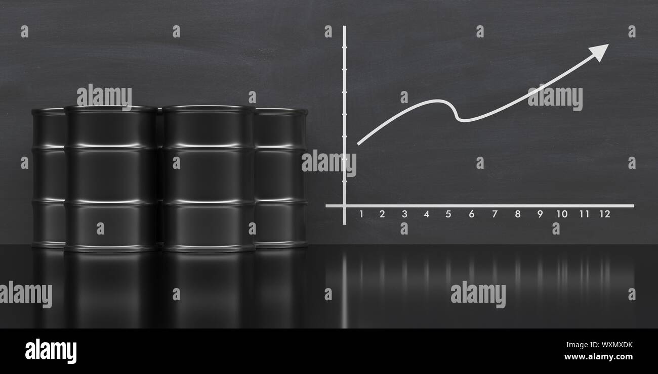 Ölpreisanstieg. Fässern, Linie, Schaubild, schwarzer Hintergrund, 3D-Darstellung Stockfoto