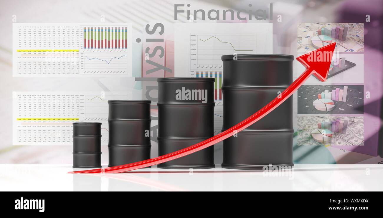 Ölpreisanstieg. Fässern Balkendiagramm, rote Linie, oben zu gehen, finanzielle Daten analyse Hintergrund, 3D-Darstellung Stockfoto