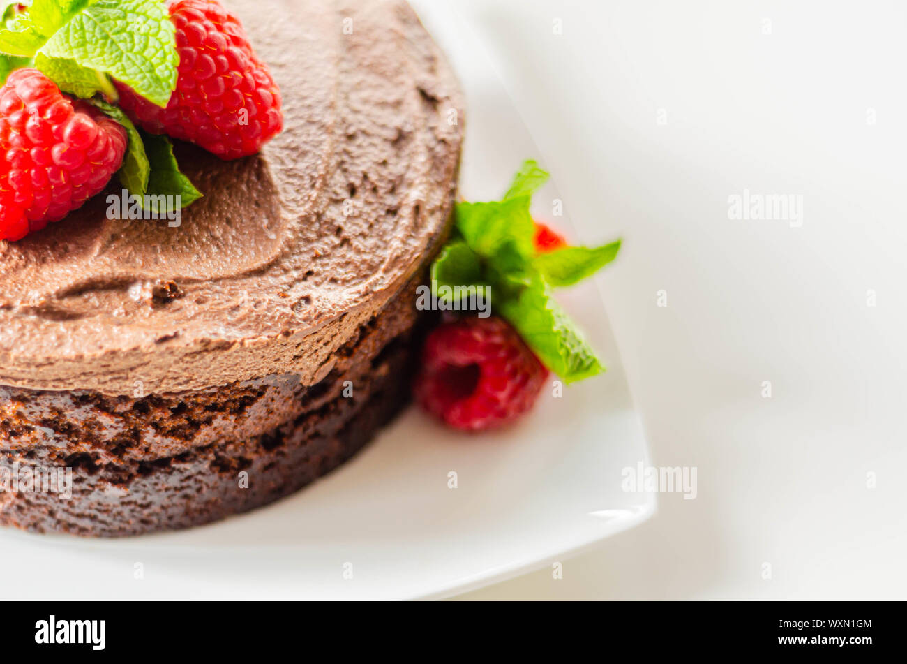 Glutenfreie leckere runde Kuchen auf der Grundlage der belgischen Schokolade dekoriert mit frischen Himbeeren und Minze, leckere Süßigkeiten Stockfoto