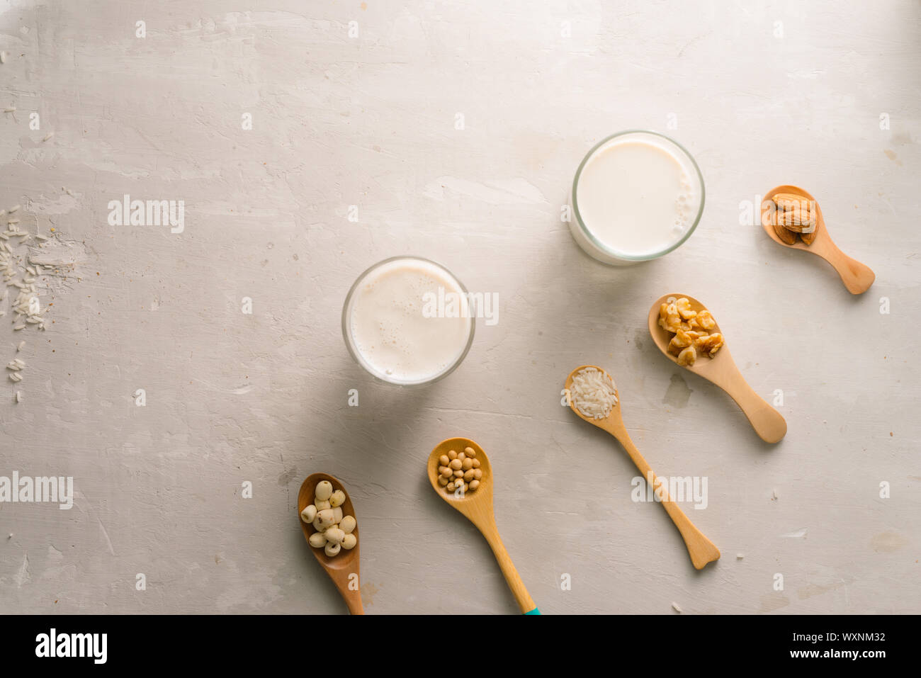 Gläser Milch mit Muttern: Macadamianüsse, Mandeln, Soja, Reis, Lotus. Ansicht von oben. Stockfoto