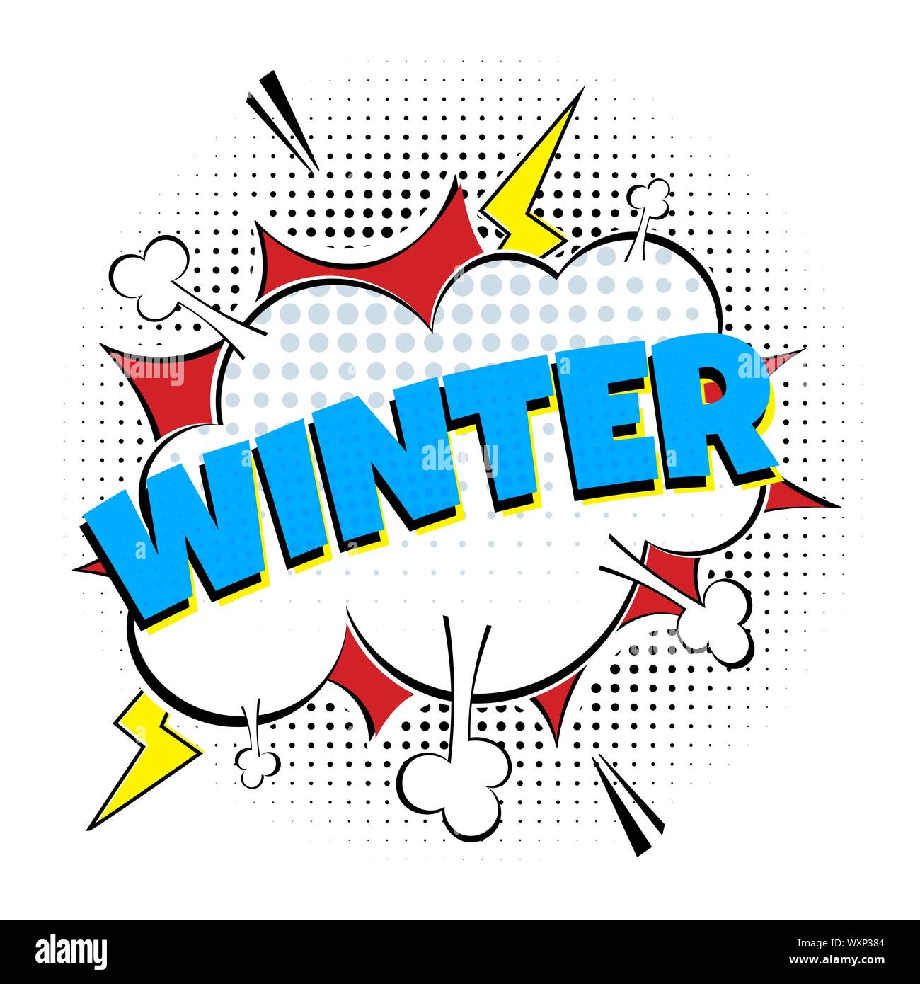 Comic Schriftzug Winter in den Sprechblasen Comic-stil flache Bauform. Dynamische Pop Art Vector Illustration isoliert auf weißem Hintergrund. Ausrufezeichen Co Stock Vektor