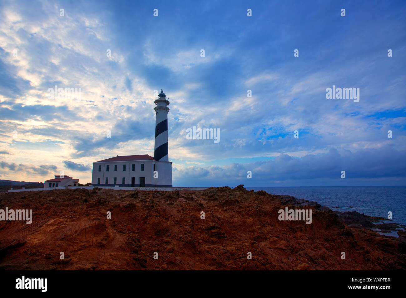 Cap de Favaritx Sonnenuntergang Leuchtturm Cape in Mahon auf den Balearen Spanien Stockfoto