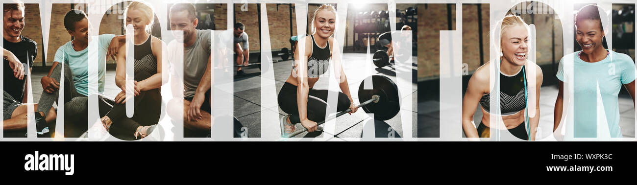 Collage mit einem lächelnden passende Frau anhebende Gewichte und Entspannen mit Freunden nach dem Training im Fitnessraum mit einem Overlay des Wortes motivation Stockfoto