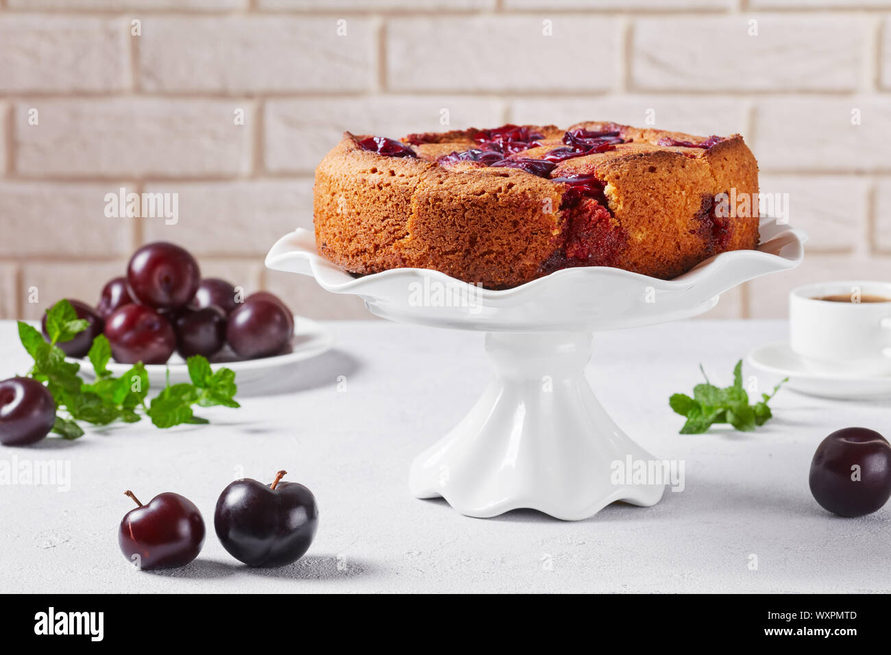 Pflaume Torte auf einem weißen Kuchen stand mit frischen Pflaumen auf Tisch und Wand im Hintergrund, close-up Stockfoto