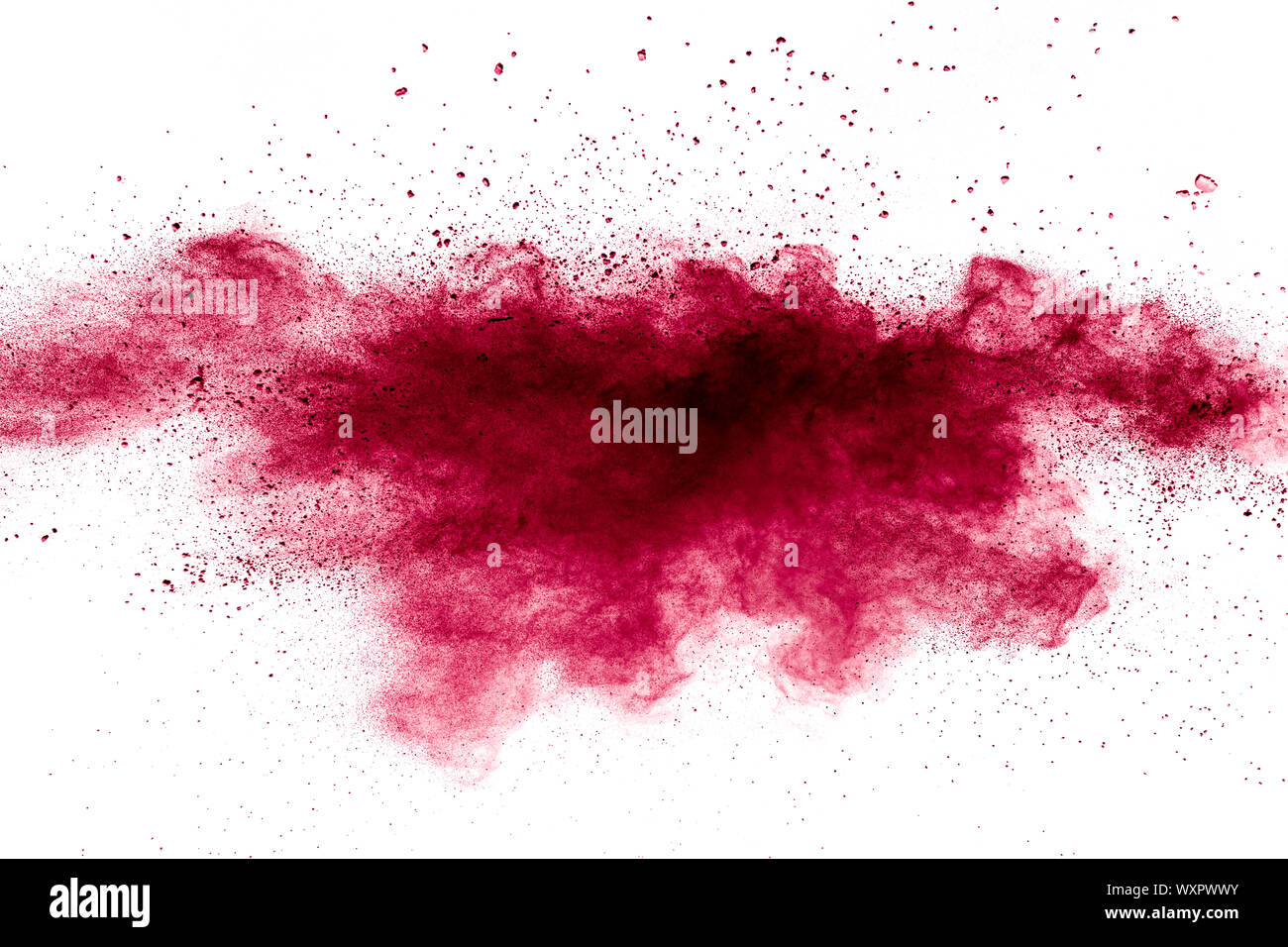 Rote Pulver Explosion auf weißem Hintergrund. Freeze motion der roten Staubpartikel Splash. Stockfoto